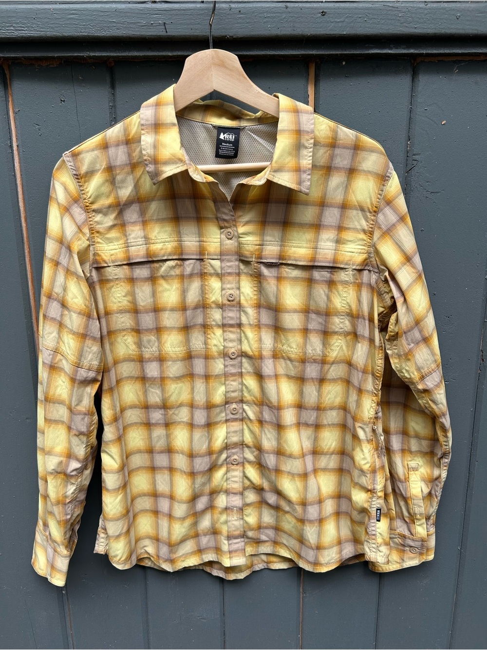 REI Co-Op Womens Yellow Plaid Button-Up Long Sleeve Shirt Medium Stretch Outdoor